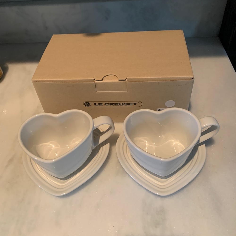 Le Creuset Heart Mugs and Saucers (never used)
